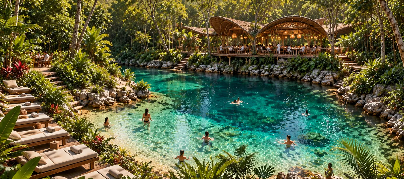 Cenote de Joy Tree en Akumal, con camastros y palapa entre la selva